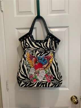Zebra Print Winged Heart Tote Bag - Black & White